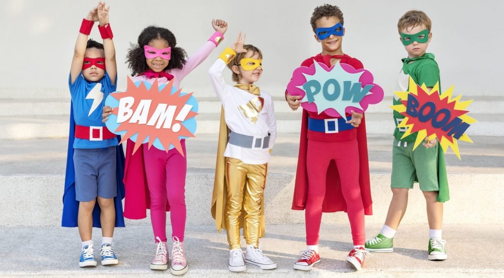 Superheroes Cheerful Kids Expressing Positivity Concept